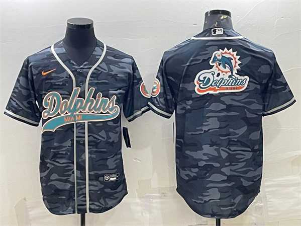 Men%27s Miami Dolphins Gray Camo Team Big Logo With Patch Cool Base Stitched Baseball Jersey->miami dolphins->NFL Jersey